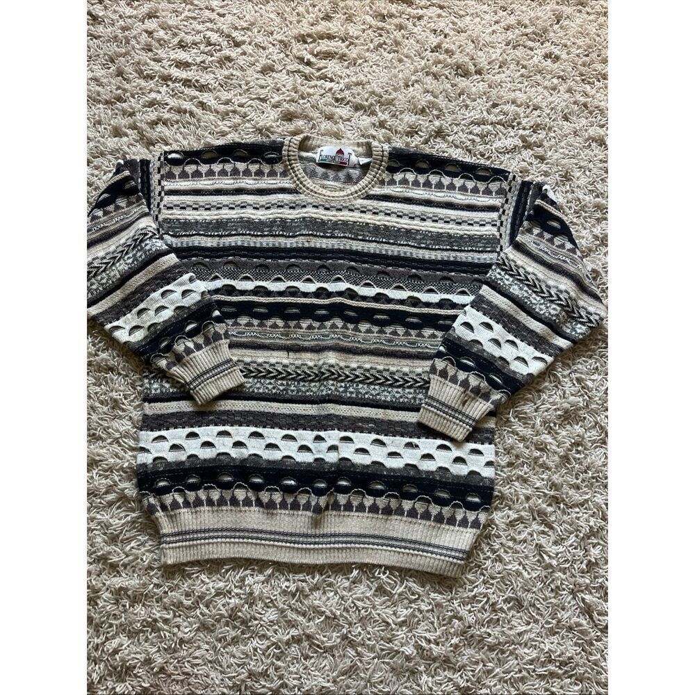 Vintage Florence Tricot "Coogi Style" Sweater Men's Large Beige Woven 3D Cotton